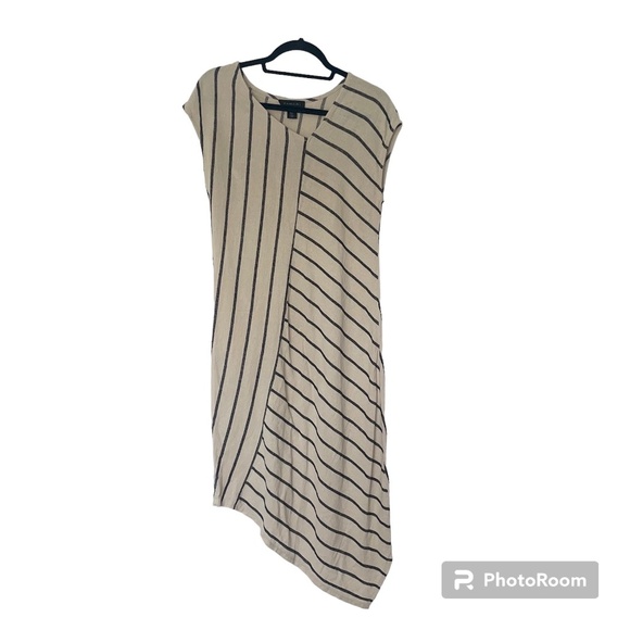 TAHARI Women's Natural Black Linen/Viscose Blend Striped Abstract Dress Sz Small - Picture 1 of 9
